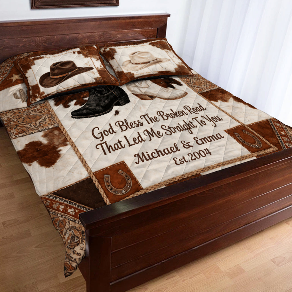 God Bless The Broken Road - Personalized Western Couple Bedding Set