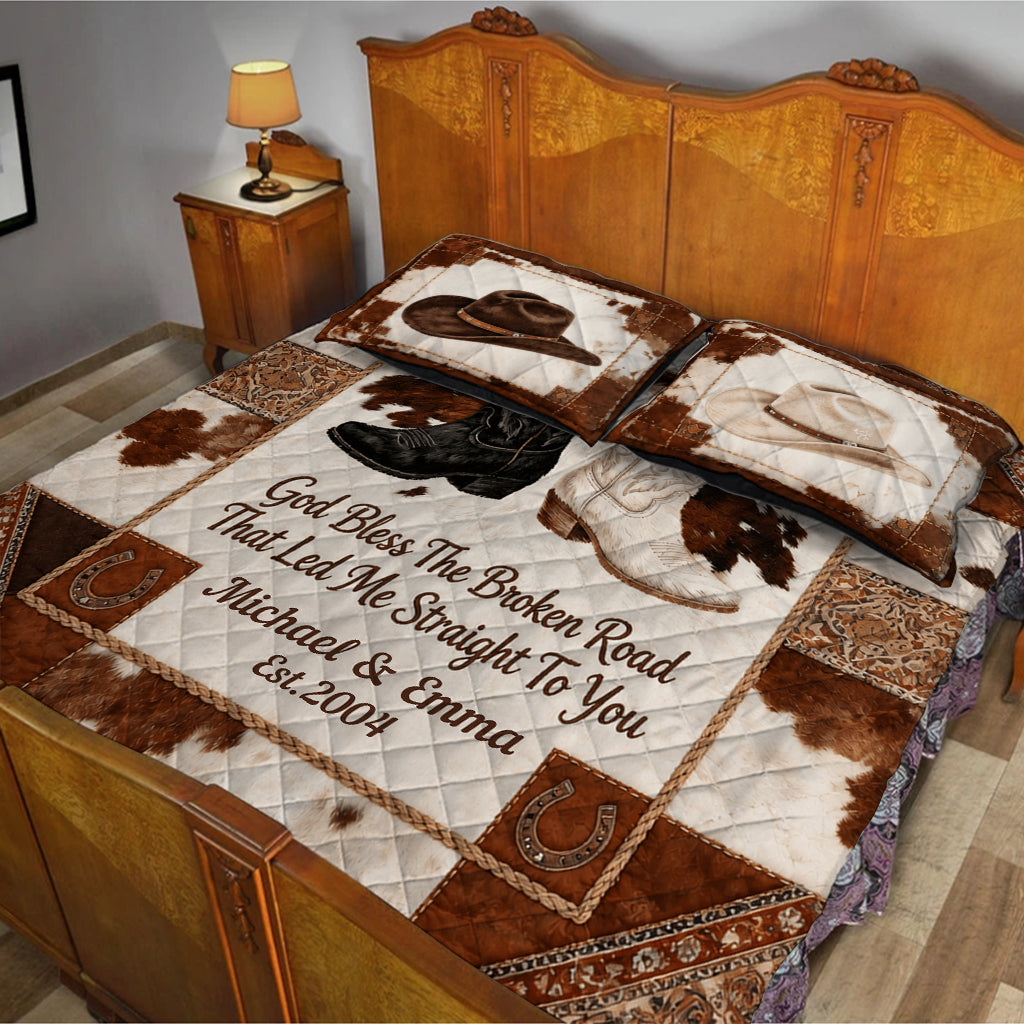 God Bless The Broken Road - Personalized Western Couple Bedding Set