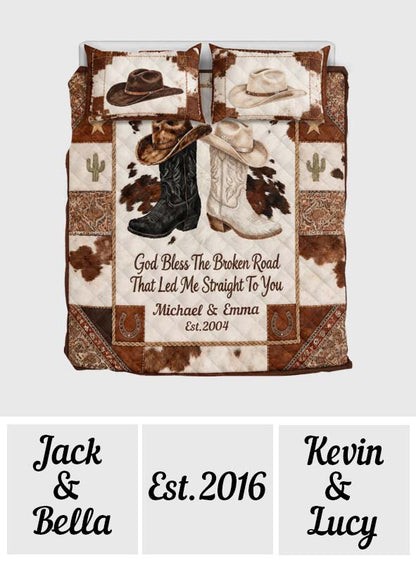 God Bless The Broken Road - Personalized Western Couple Bedding Set