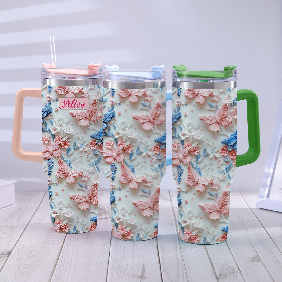 Pink And Blue Butterflies - Personalized Butterfly Tumbler With Handle 40oz