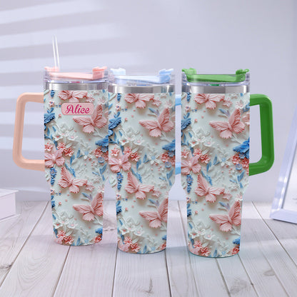 Pink And Blue Butterflies - Personalized Butterfly Tumbler With Handle 40oz
