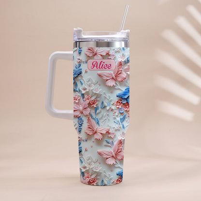 Pink And Blue Butterflies - Personalized Butterfly Tumbler With Handle 40oz