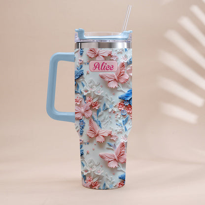 Pink And Blue Butterflies - Personalized Butterfly Tumbler With Handle 40oz