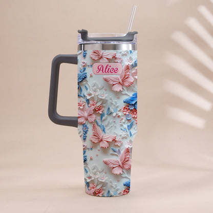 Pink And Blue Butterflies - Personalized Butterfly Tumbler With Handle 40oz