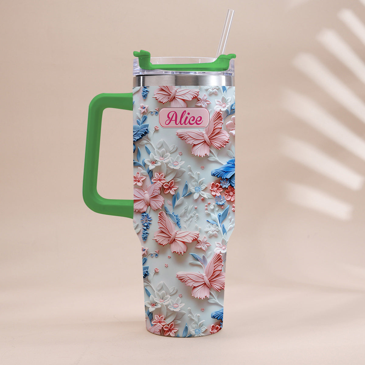 Pink And Blue Butterflies - Personalized Butterfly Tumbler With Handle 40oz