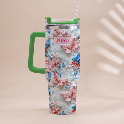Pink And Blue Butterflies - Personalized Butterfly Tumbler With Handle 40oz