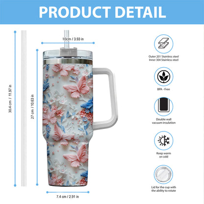 Pink And Blue Butterflies - Personalized Butterfly Tumbler With Handle 40oz