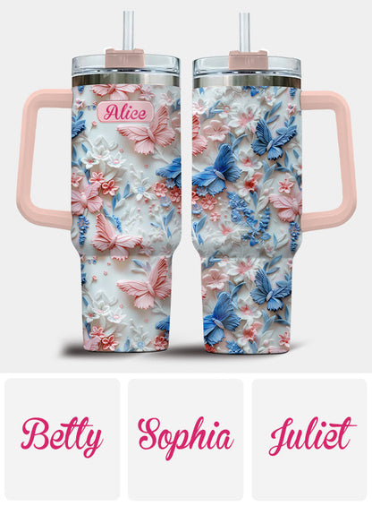 Pink And Blue Butterflies - Personalized Butterfly Tumbler With Handle 40oz