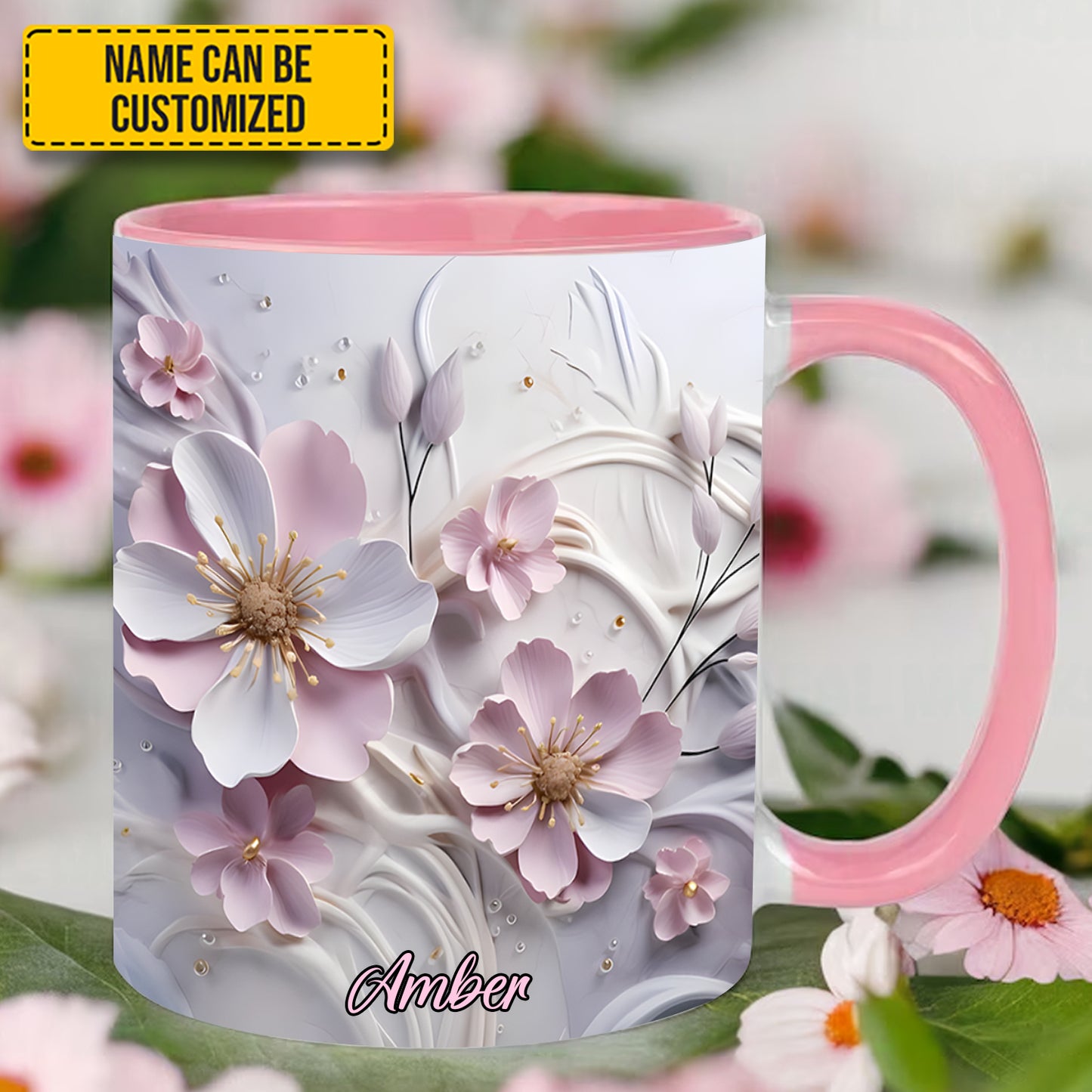 Pink Flower Accent Mug - Personalized Accent Mug