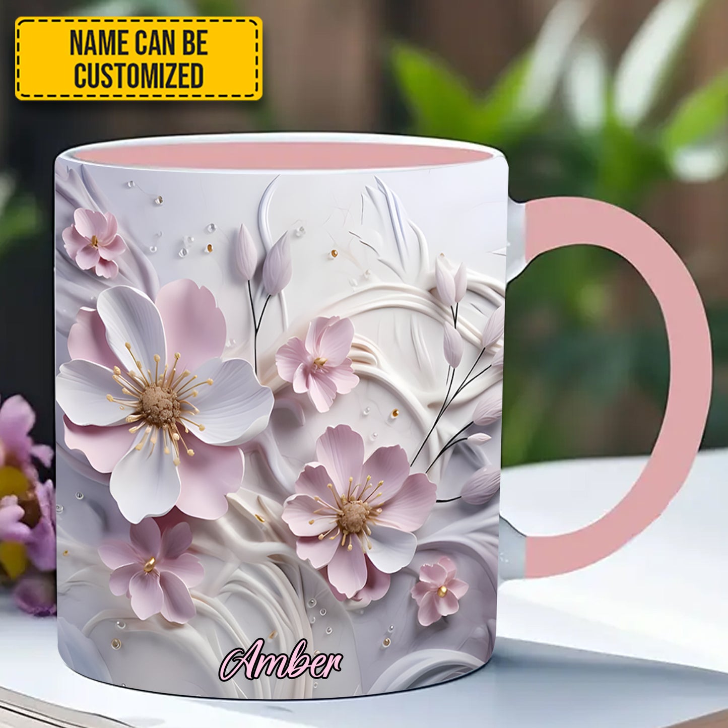 Pink Flower Accent Mug - Personalized Accent Mug