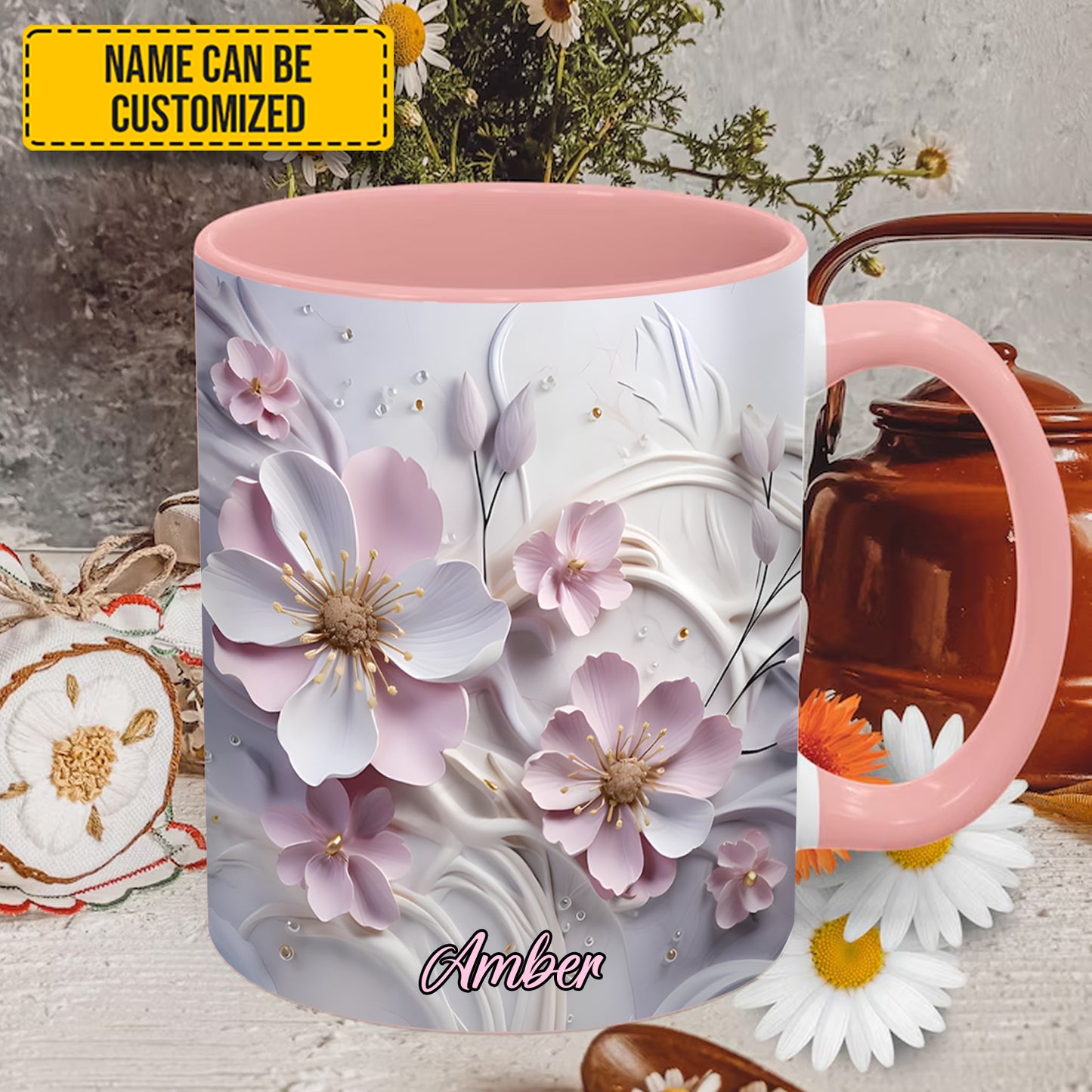 Pink Flower Accent Mug - Personalized Accent Mug