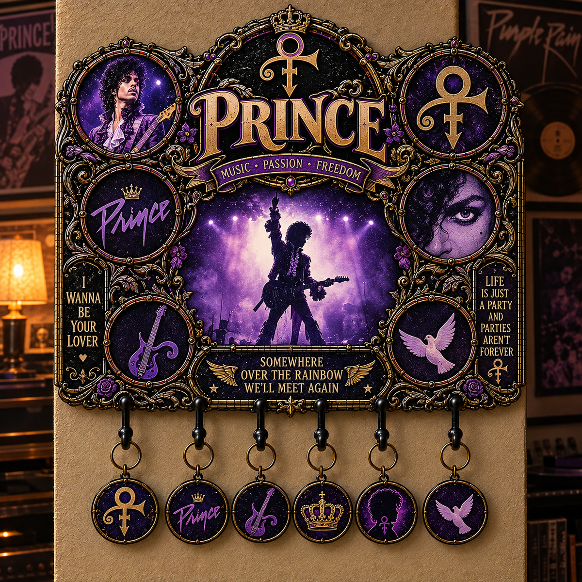 Prince Music Passion & Freedom Tribute Key Holder – Music Legend Wall Key Rack