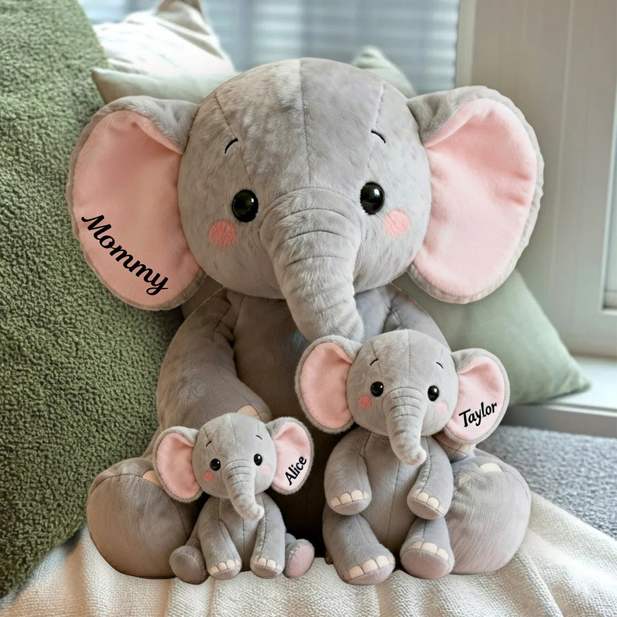 Mom, Grandma Elephant With Little Kids, Grandkids - Personalized Mom, Grandma Shaped Pillow