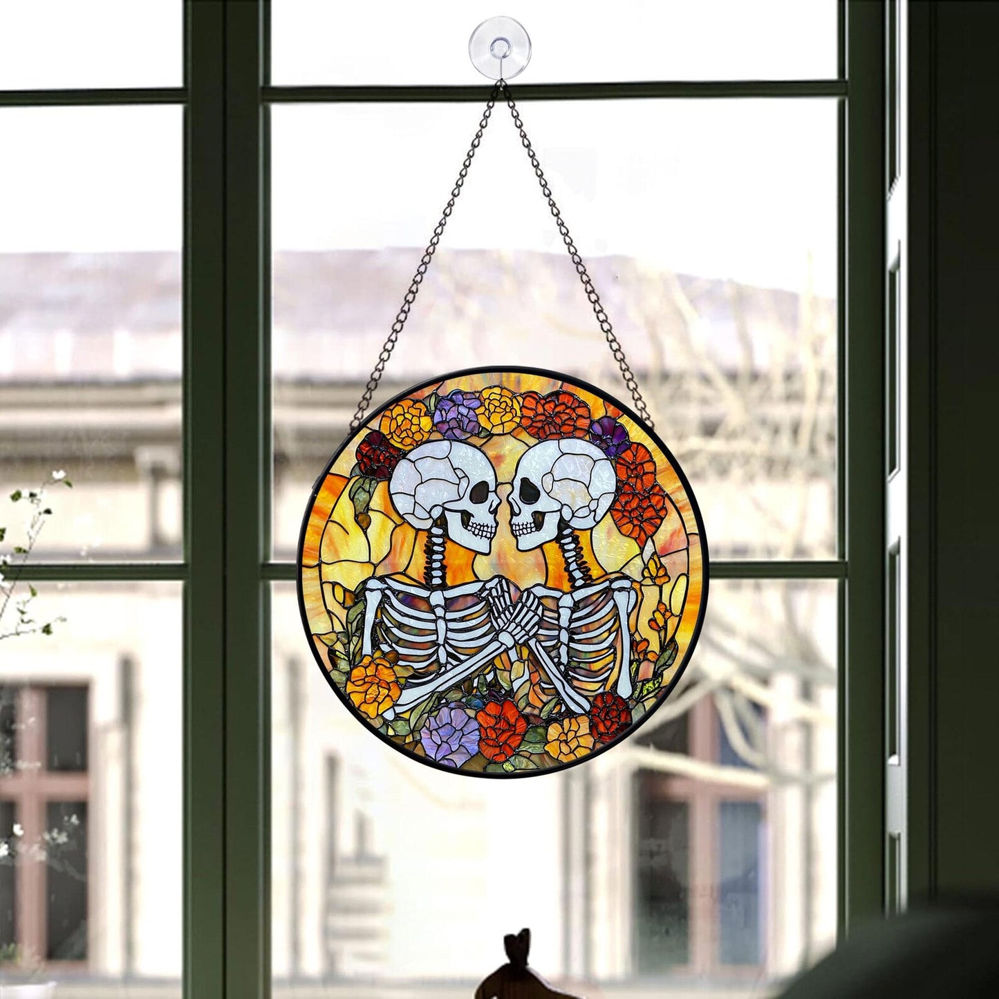 Skeleton Couple Halloween Stained Glass Suncatcher