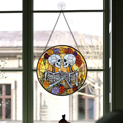 Skeleton Couple Halloween Stained Glass Suncatcher