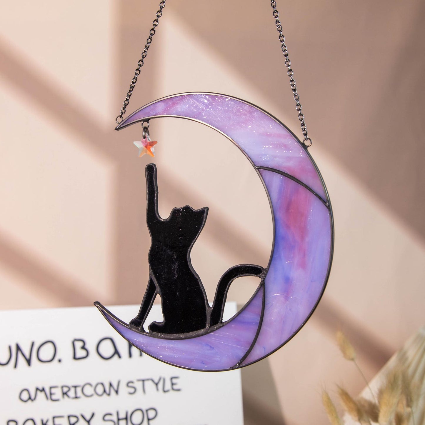 Moon Cat Suncatcher - Celestial Window Shape Stained Glass Suncatcher