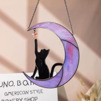 Moon Cat Suncatcher - Celestial Window Shape Stained Glass Suncatcher