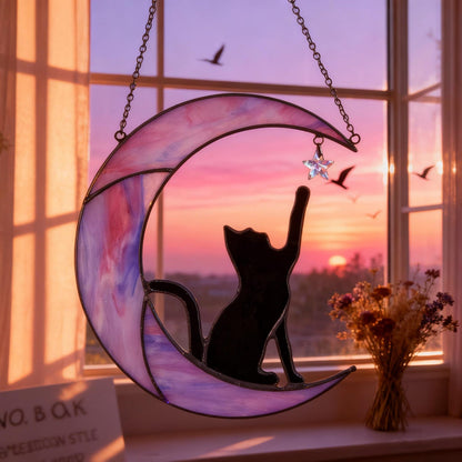 Moon Cat Suncatcher - Celestial Window Shape Stained Glass Suncatcher