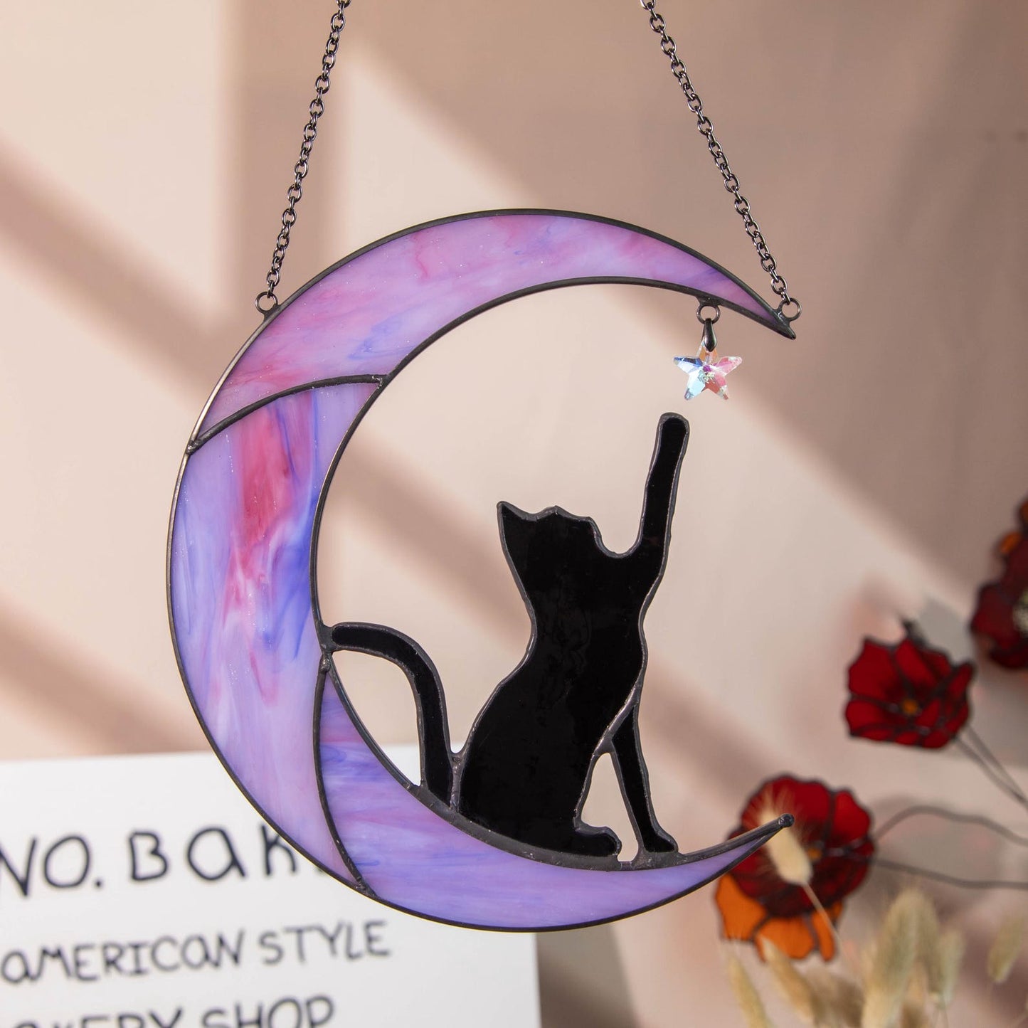 Moon Cat Suncatcher - Celestial Window Shape Stained Glass Suncatcher