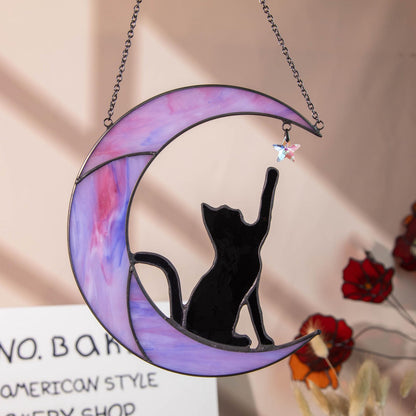 Moon Cat Suncatcher - Celestial Window Shape Stained Glass Suncatcher