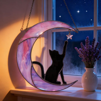 Moon Cat Suncatcher - Celestial Window Shape Stained Glass Suncatcher