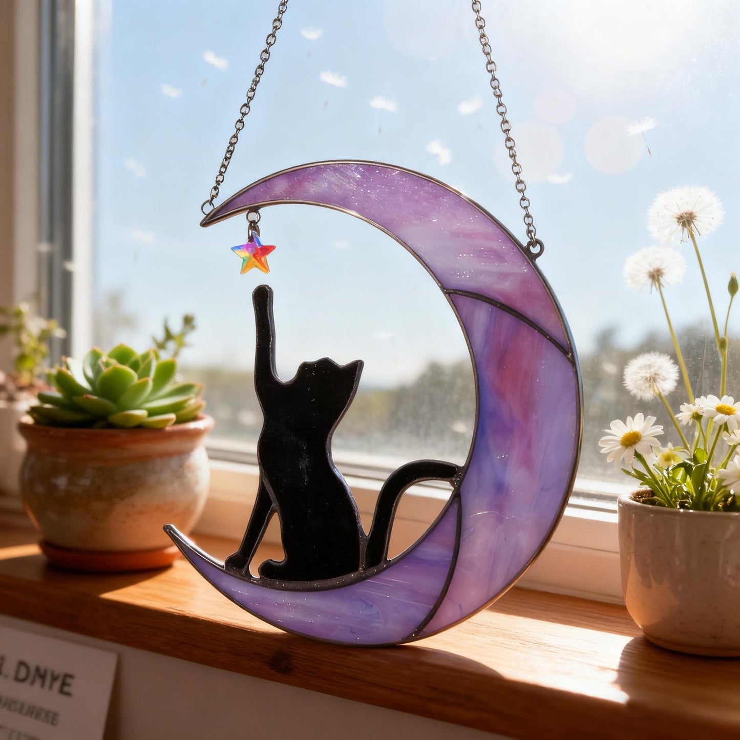 Moon Cat Suncatcher - Celestial Window Shape Stained Glass Suncatcher