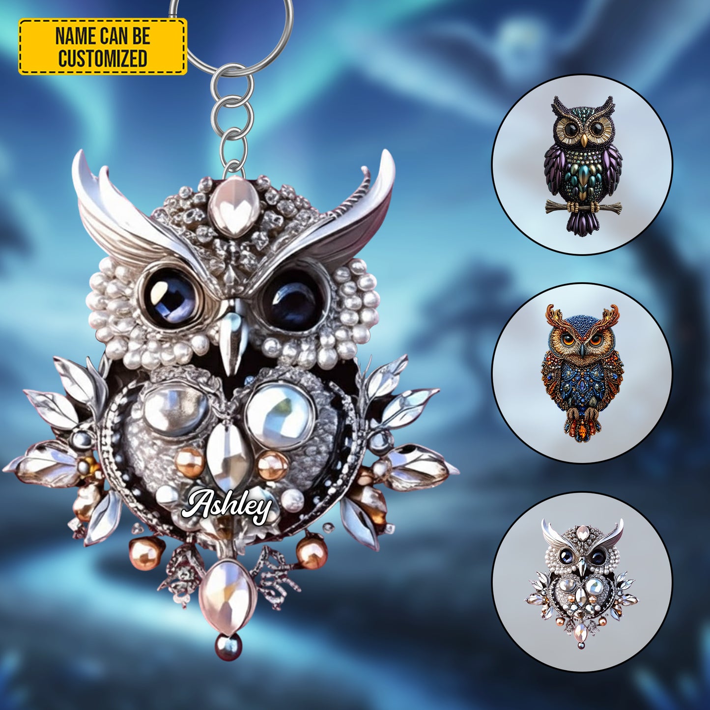 Personalized Cute Sparkle Owl Keychain