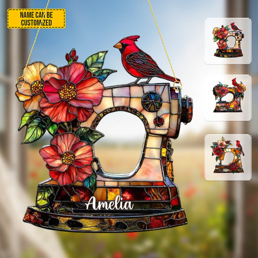 Love Sewing Cardinal - Personalized Acrylic Window Hanging