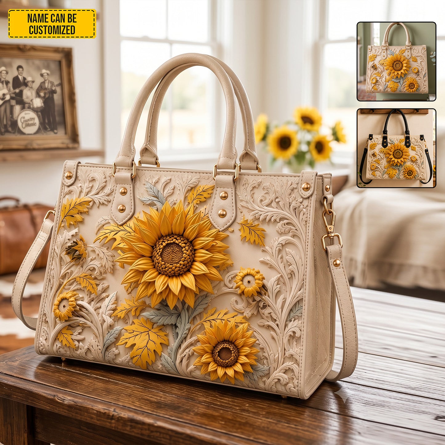 Personalized Sunflower Leather Handbag