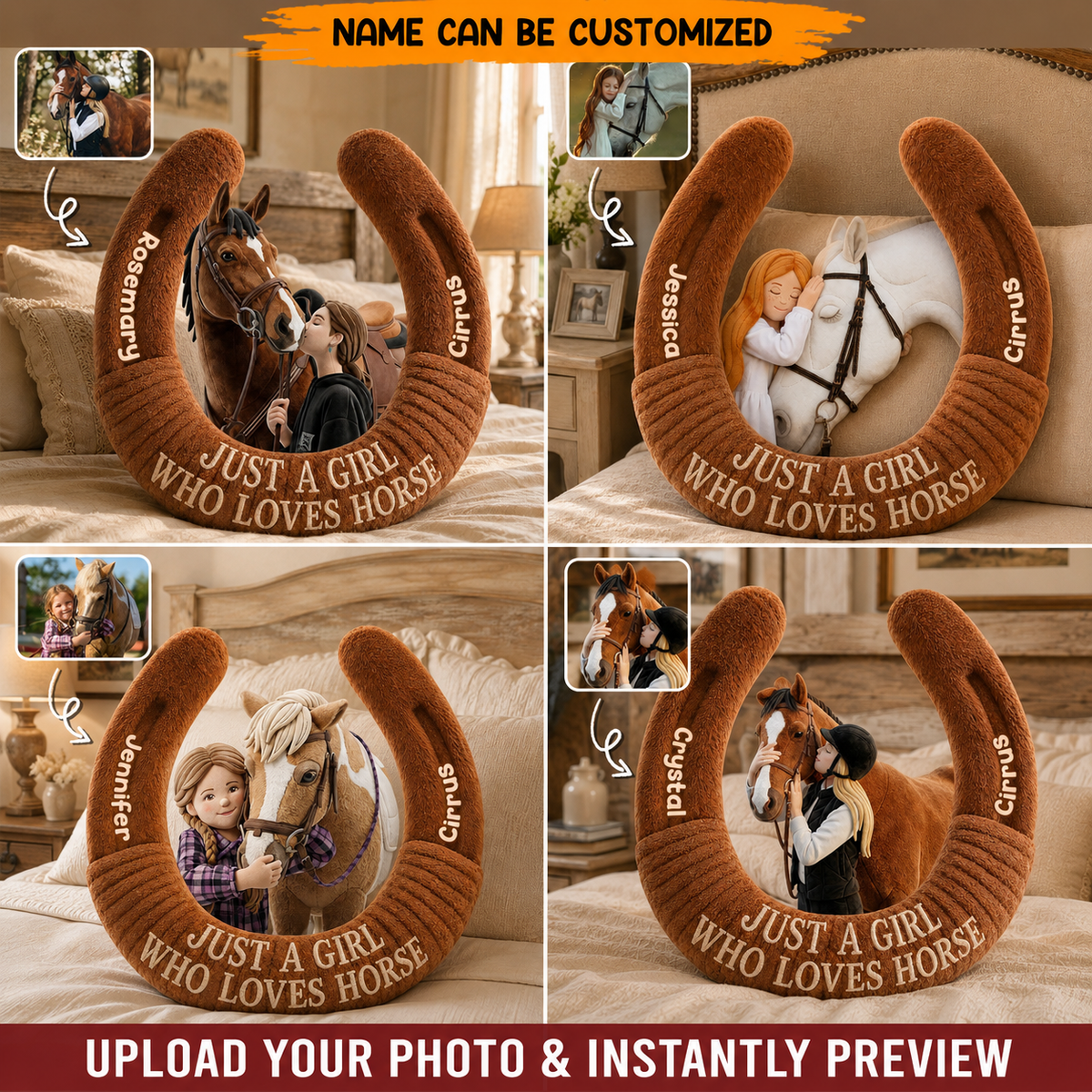 Personalized Horseshoe Pillow – Custom Photo & Name Gift for Horse Lovers & Equestrians