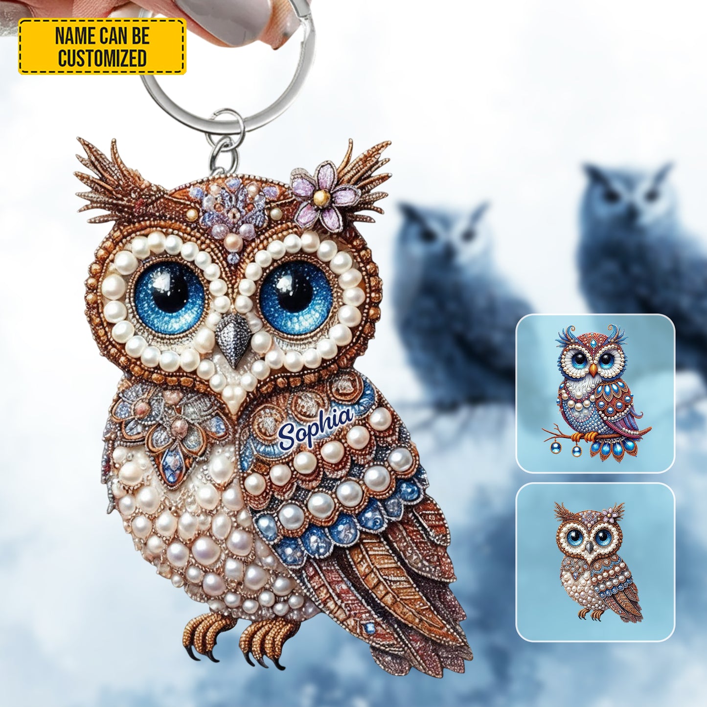 Personalized Cute Sparkle Owl Keychain