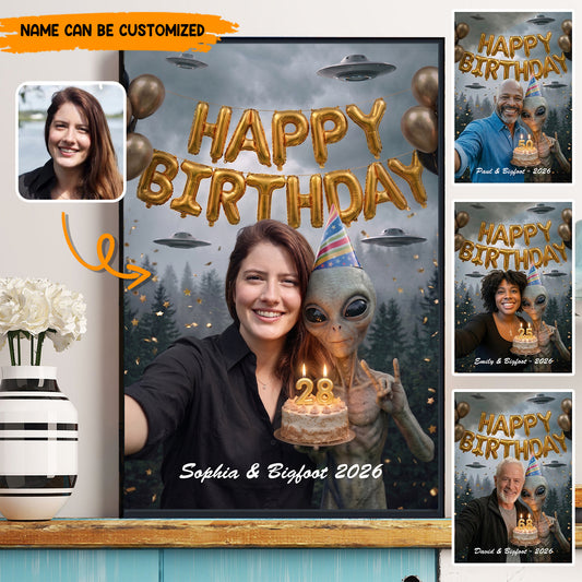 Custom Alien Birthday Poster and Canvas with Photo – Personalized UFO Theme Selfie Wall Art