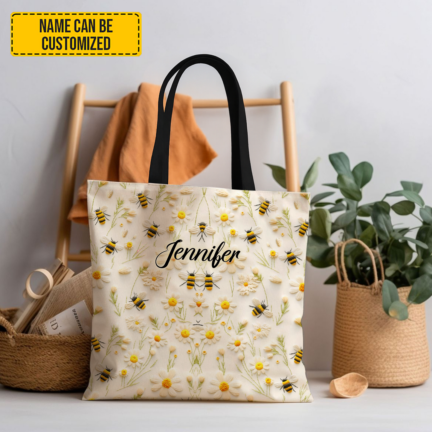 Personalized Bee & Daisy Tote Bag