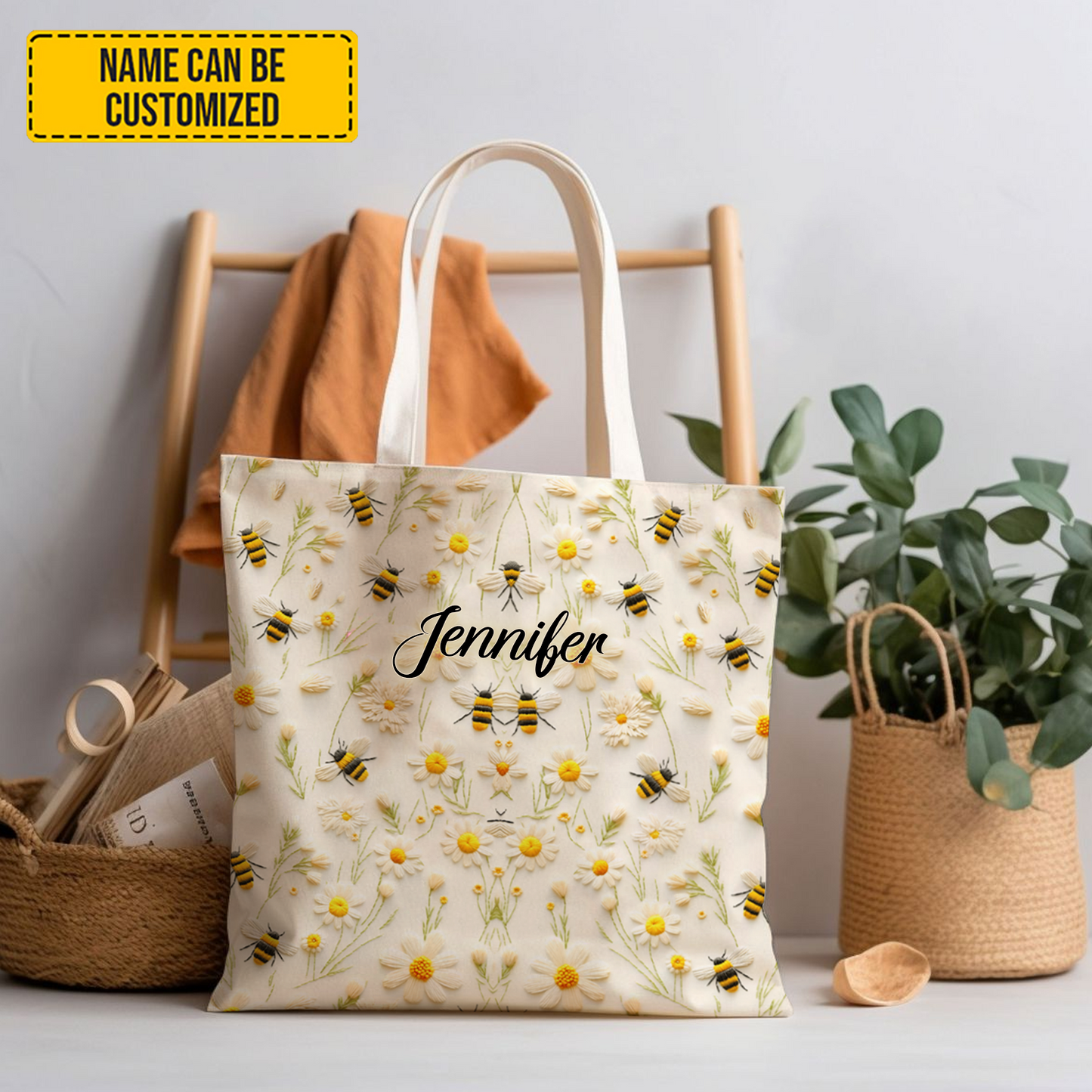 Personalized Bee & Daisy Tote Bag