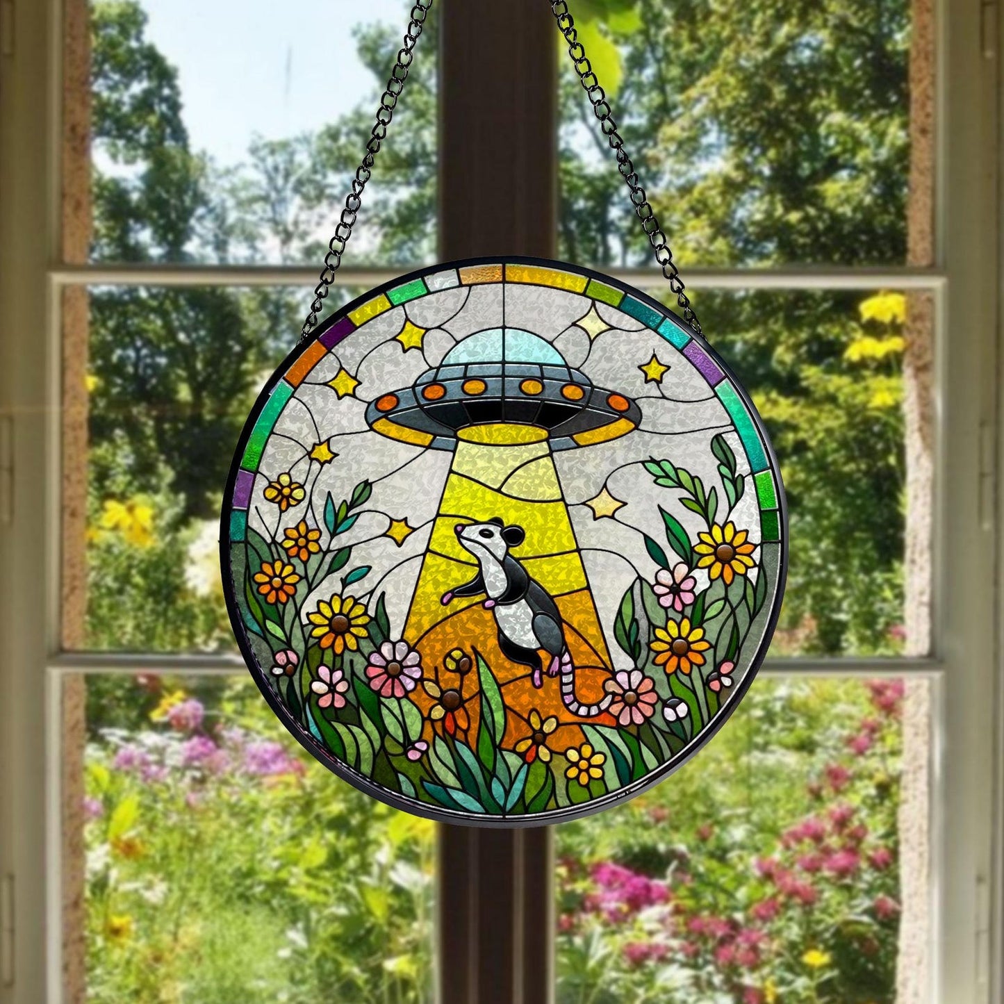 Opossum Wildflowers  Stained Glass Suncatcher