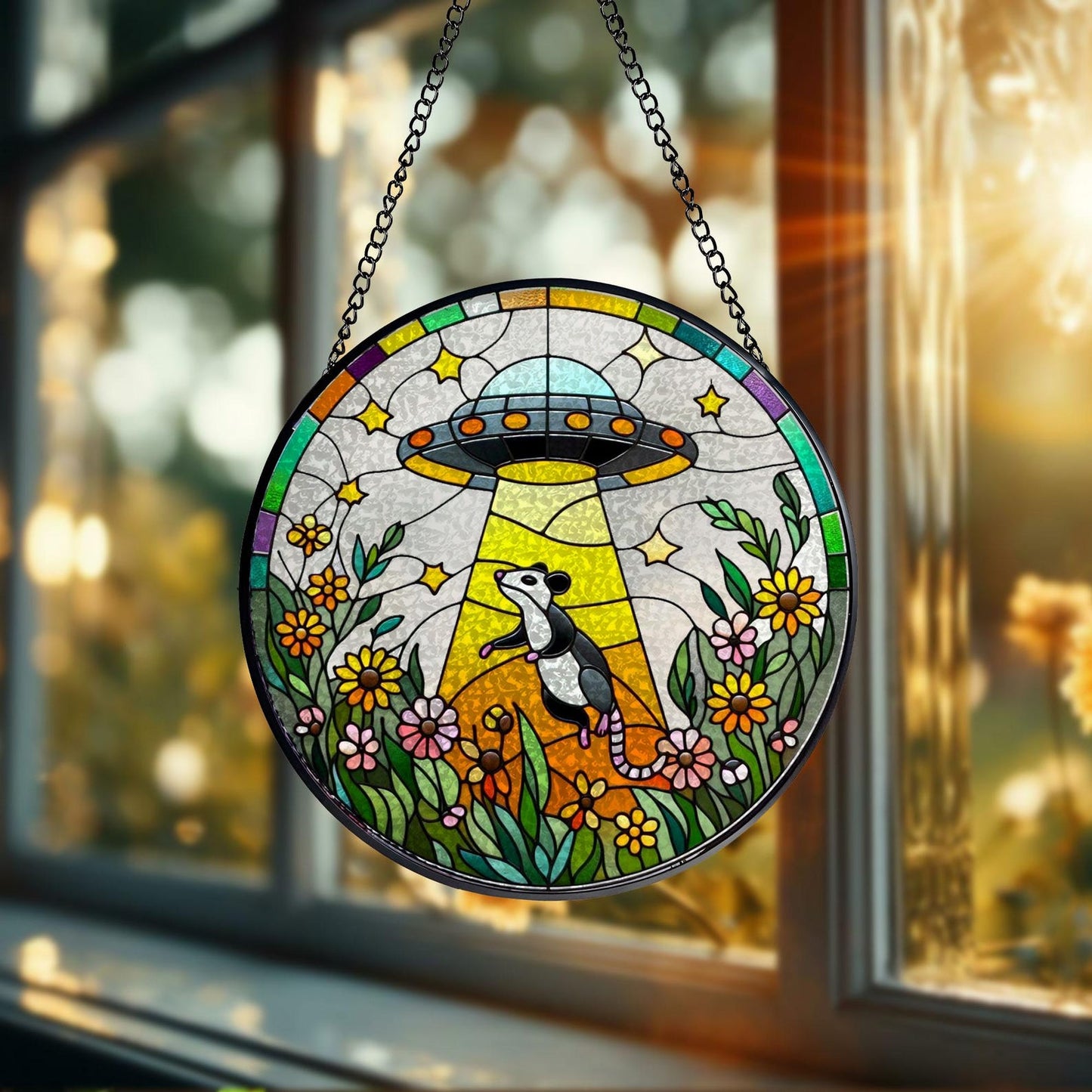 Opossum Wildflowers  Stained Glass Suncatcher