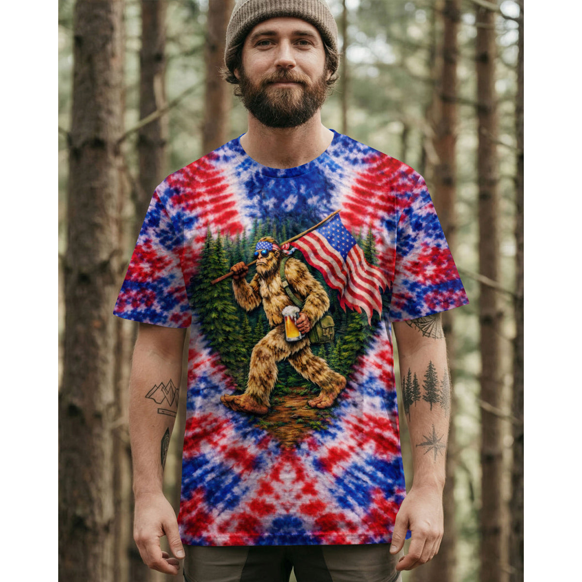 BIGFOOT WITH FLAG RED WHITE & BLUE SWIRL ALL OVER PRINT SHIRT