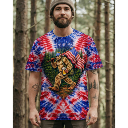 BIGFOOT WITH FLAG RED WHITE & BLUE SWIRL ALL OVER PRINT SHIRT