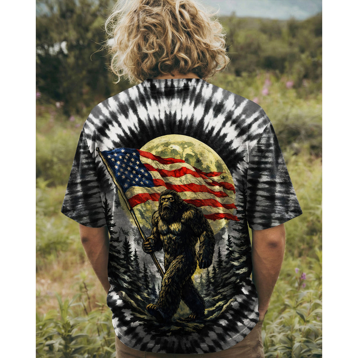 BIGFOOT WITH FLAG MOON V SWIRL ALL OVER PRINT SHIRT