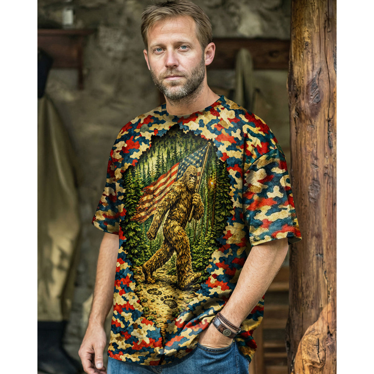 BIGFOOT WITH FLAG CAMOUFLAGE ALL OVER PRINT SHIRT