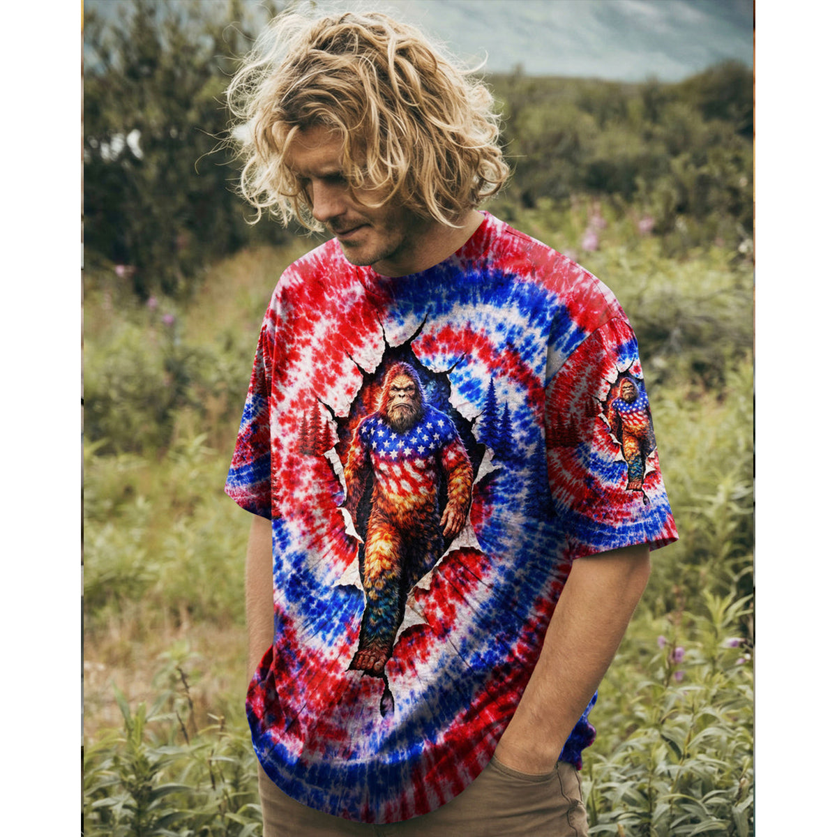 BIGFOOT RED WHITE AND BLUE SWIRL ALL OVER PRINT SHIRT