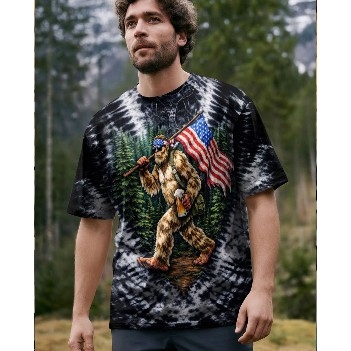 BIGFOOT WITH FLAG SWIRL ALL OVER PRINT SHIRT