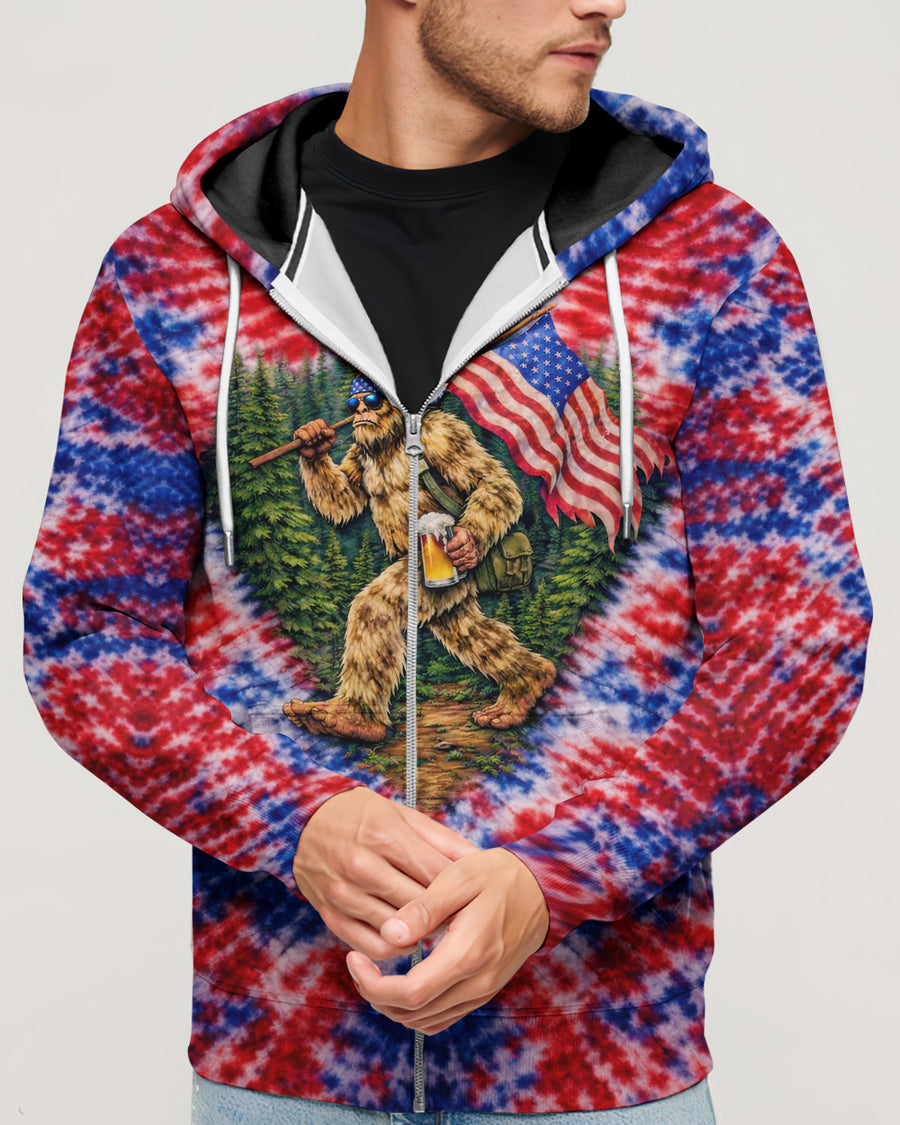 BIGFOOT WITH FLAG RED WHITE & BLUE SWIRL ALL OVER PRINT SHIRT