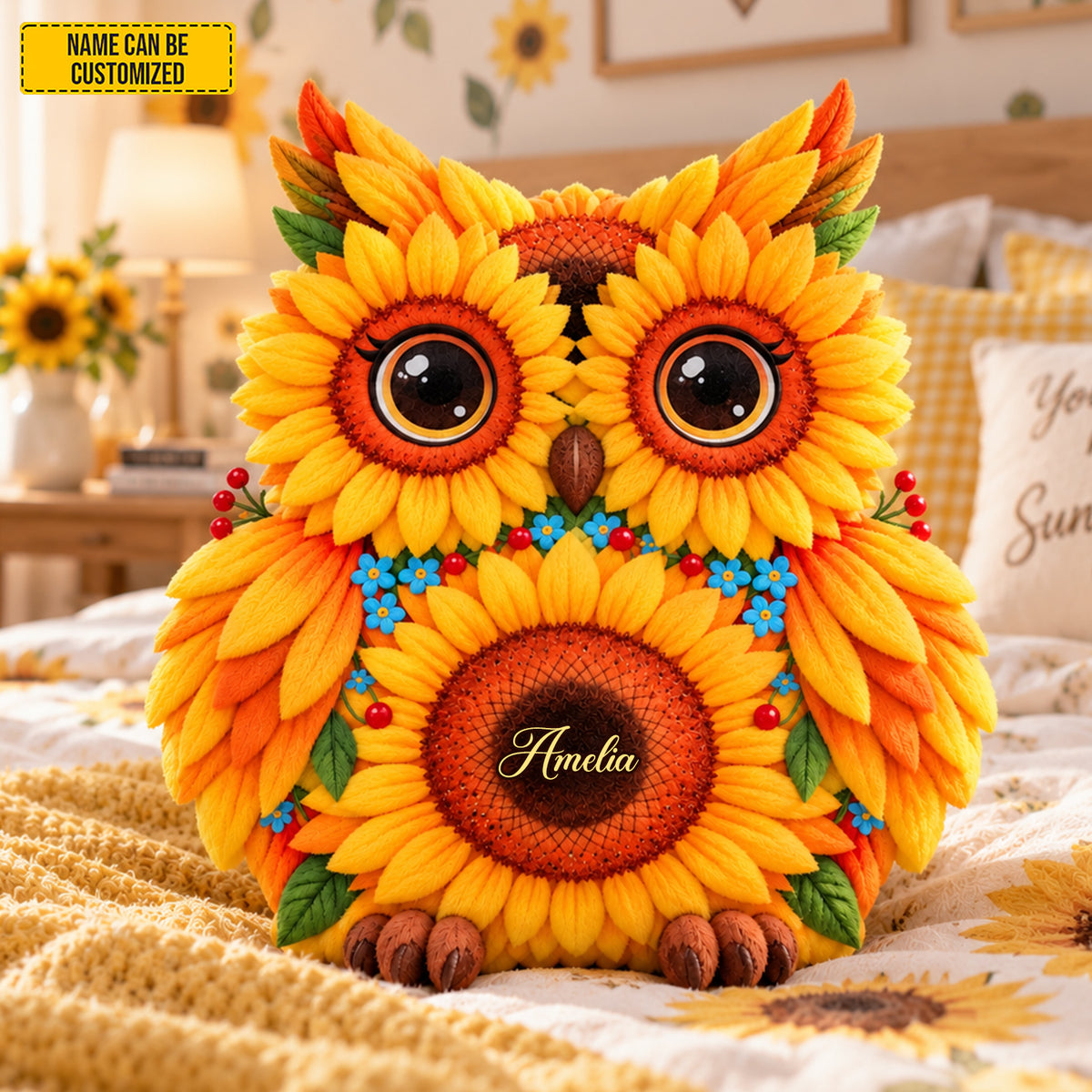 Personalized Sunflower Owl Pillow – Custom Name Gift