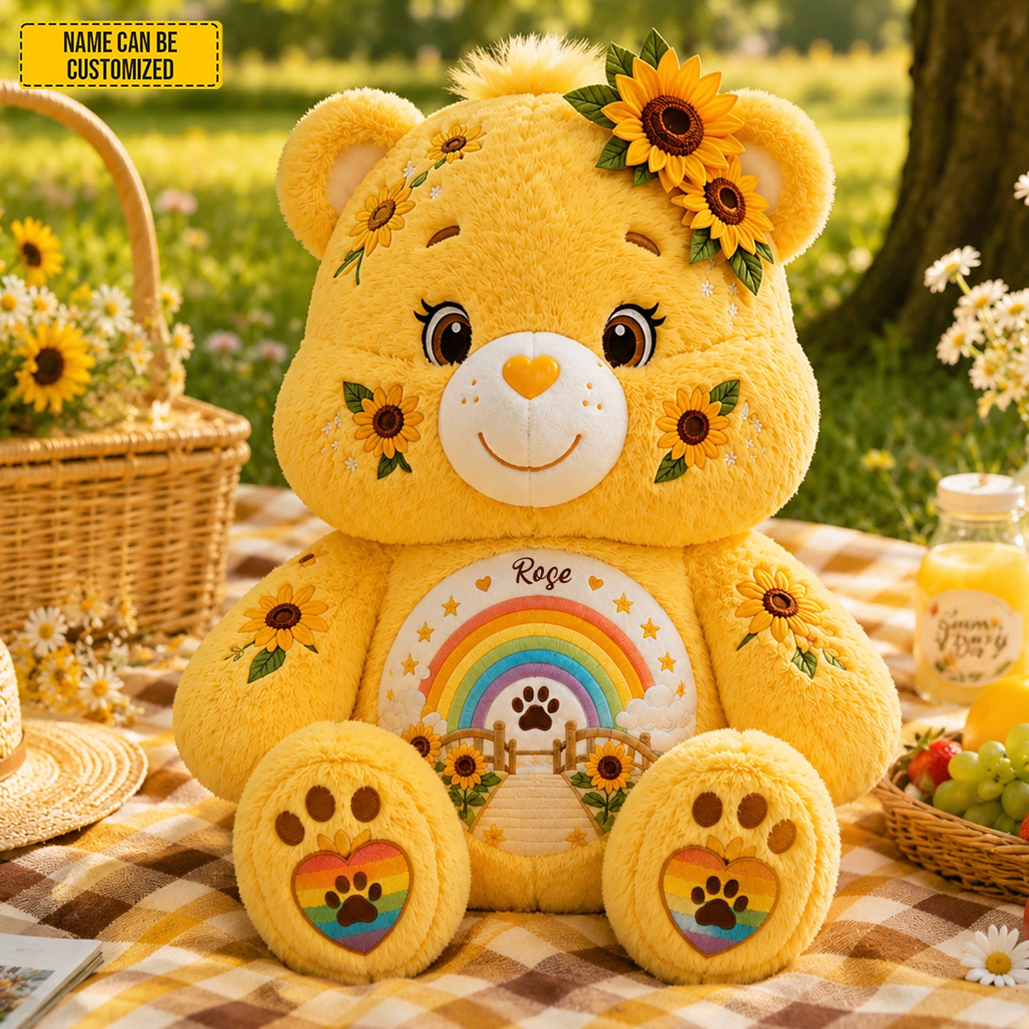 Personalized Sunflower Rainbow Bear Custom Shape Pillow