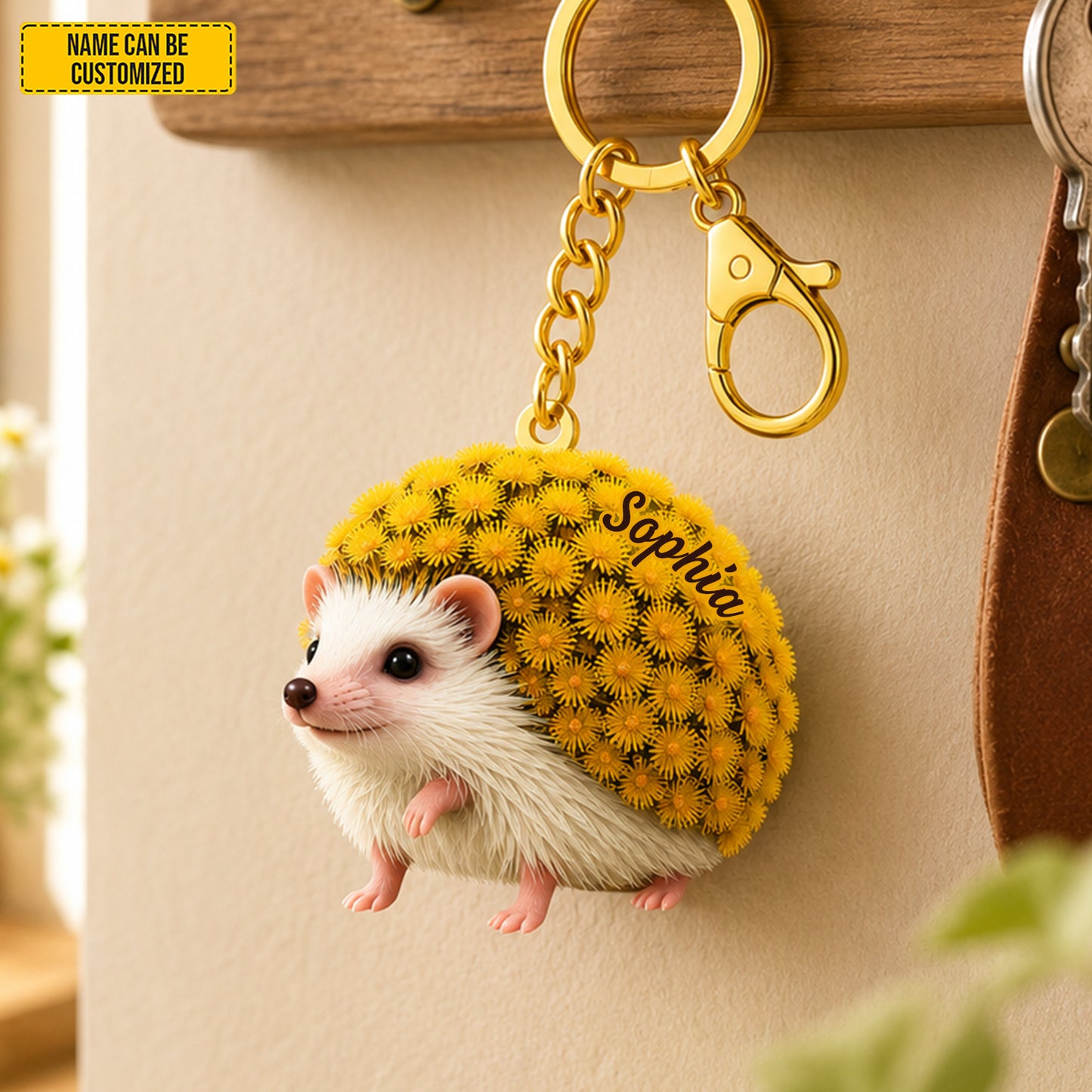 Personalized Cute Hedgehog Flower Keychain