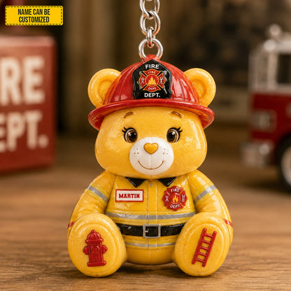 Personalized Firefighter Bear Sunflower Charm Keychain