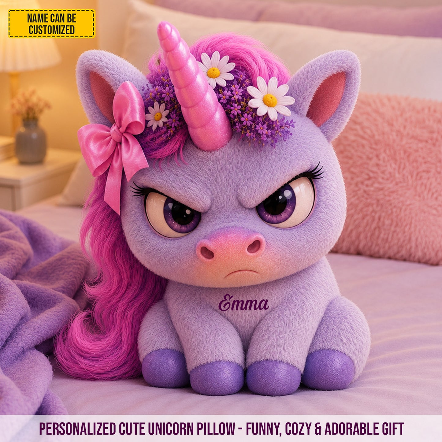 Miss Grumpy Sparkle – Personalized Angry Unicorn Custom Shaped Pillow