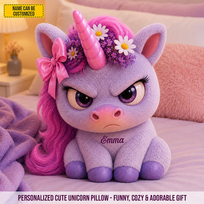Miss Grumpy Sparkle – Personalized Angry Unicorn Custom Shaped Pillow