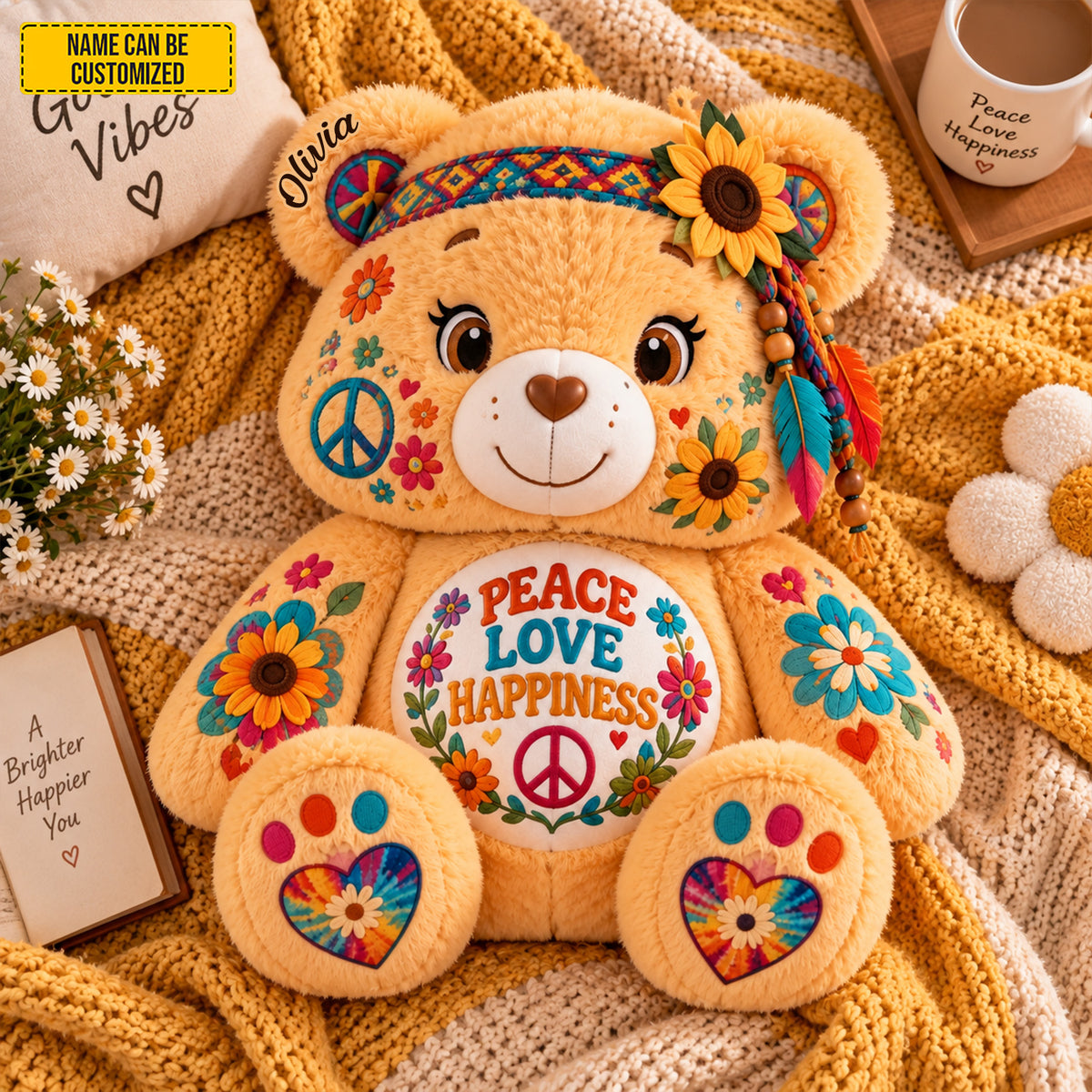 Peace Love Happiness - Personalized Bear Pillow